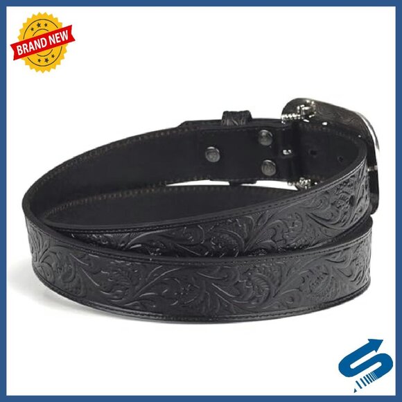 Western Tooled Leather Belt with Rhinestone Buckle, 1.5 Inch Wide main image 7